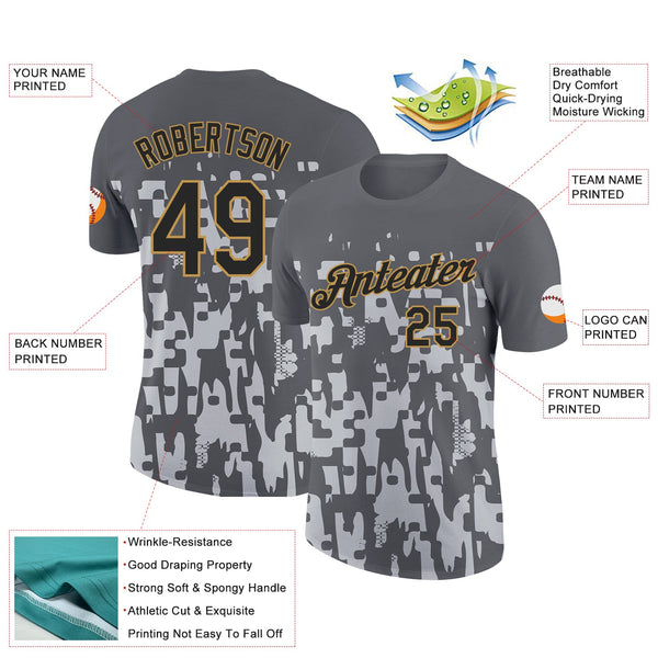 Custom Steel Gray Black Silver-Old Gold 3D Esports Performance T-Shirt alternate