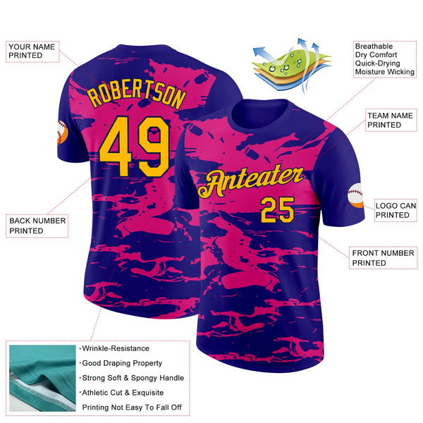 Custom Dark Purple Gold Hot Pink-Navy 3D Esports Performance T-Shirt alternate