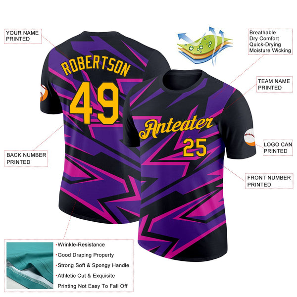 Custom Black Gold Purple-Deep Pink 3D Esports Performance T-Shirt alternate