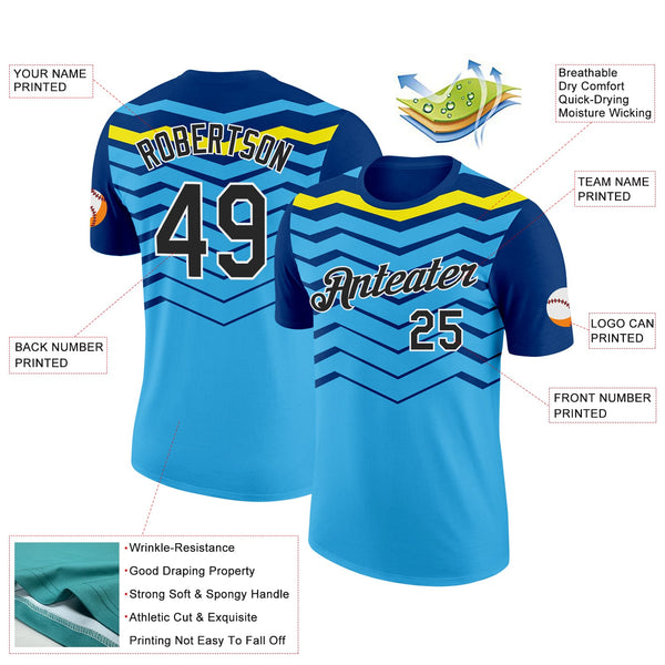 Custom Sky Blue Black US Navy Blue-Light Yellow 3D Esports Performance T-Shirt alternate