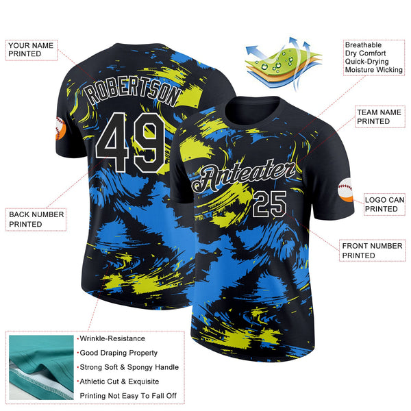 Custom Black Powder Blue-Neon Yellow 3D Esports Performance T-Shirt alternate