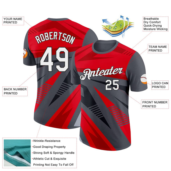 Custom Steel Gray Red-Black 3D Esports Performance T-Shirt alternate