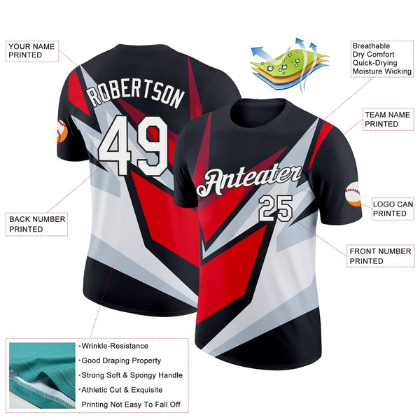 Custom Black Red-Silver 3D Esports Performance T-Shirt alternate