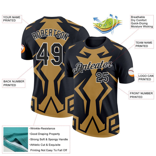 Custom Black Old Gold-White 3D Esports Performance T-Shirt alternate