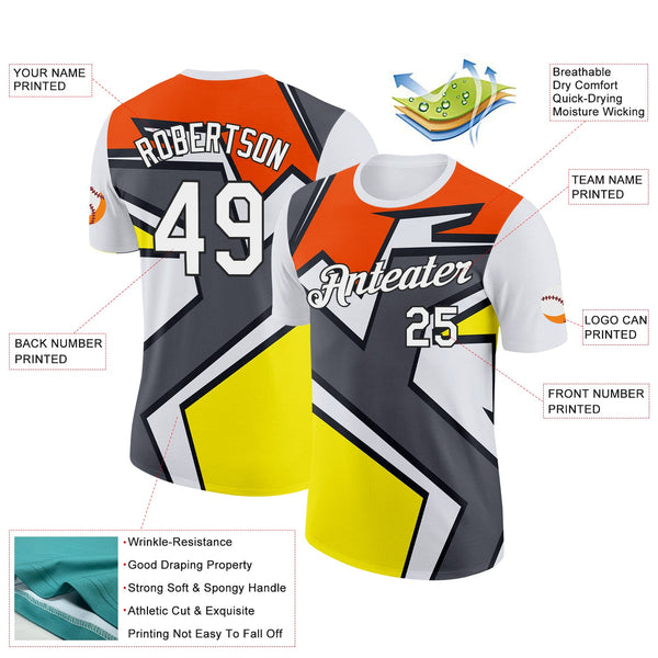 Custom White Orange Steel Gray Light Yellow-Black 3D Esports Performance T-Shirt alternate