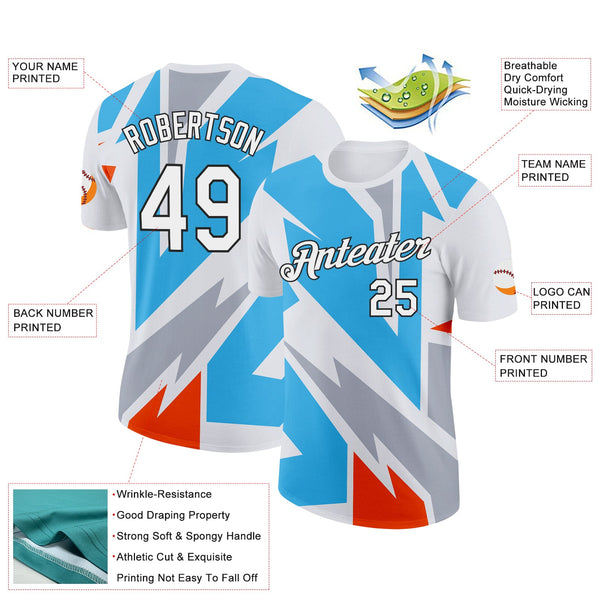 Custom White Sky Blue Orange-Gray 3D Esports Performance T-Shirt alternate