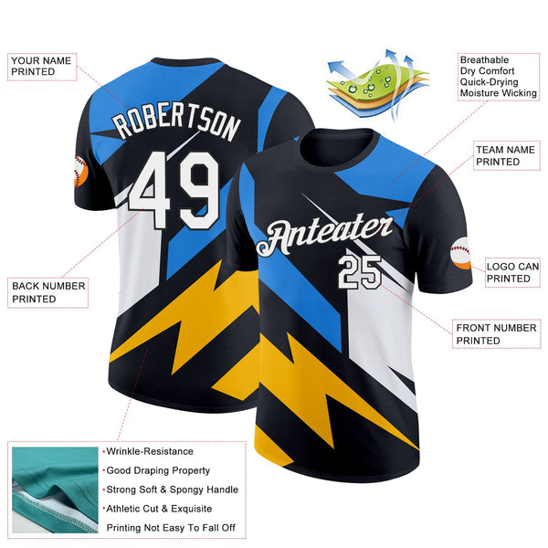 Custom Black Powder Blue-Gold 3D Esports Performance T-Shirt alternate
