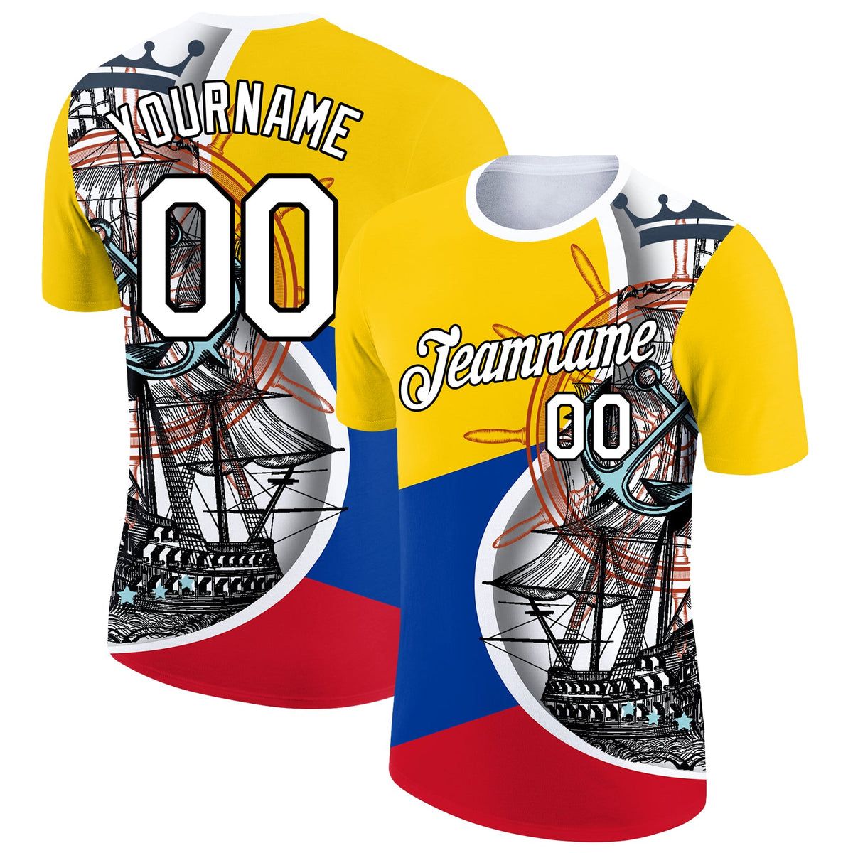 Custom Gold Royal Red-Black 3D Pattern Design Sailing Ship Columbus Day Colombian Flag Performance T-Shirt
