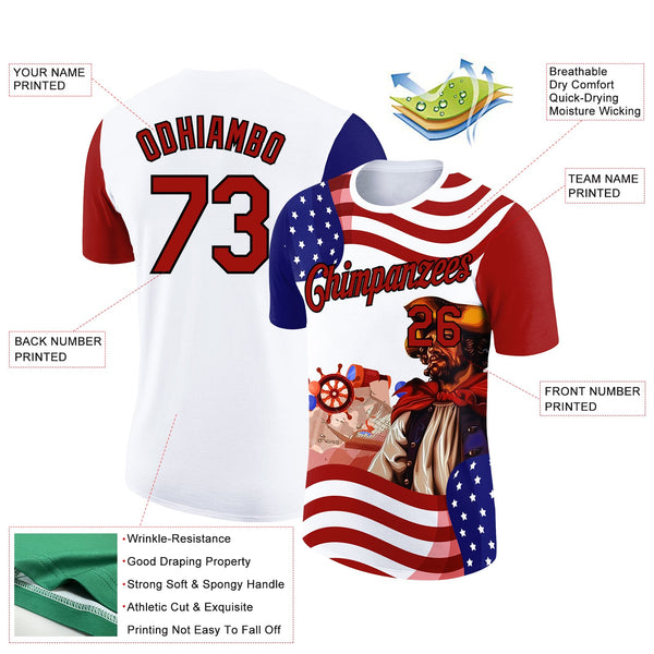 Custom White Red-Black 3D Pattern Design Sailing Ship Wheel Columbus Day American Flag Performance T-Shirt alternate