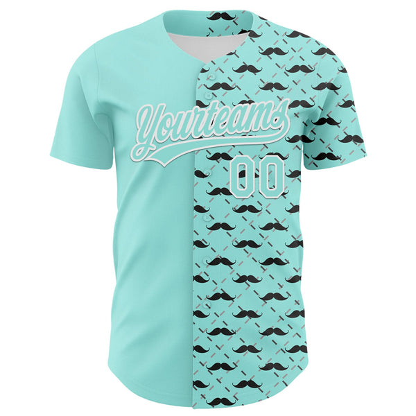 Custom Ice Blue White 3D Pattern Design Father's Day Mustache Authentic Baseball Jersey alternate