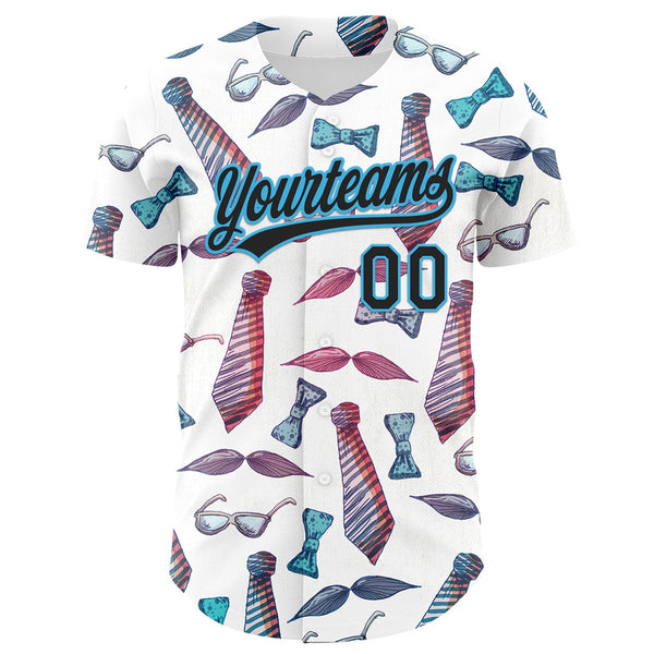 Custom White Black-Sky Blue 3D Pattern Design Father's Day Mustache And Tie Authentic Baseball Jersey alternate