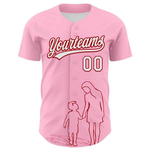 Custom Light Pink White-Red 3D Pattern Design Mother's Day Family Love Authentic Baseball Jersey alternate