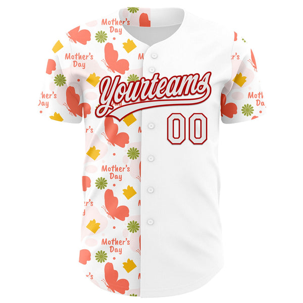 Custom White Red 3D Pattern Design Mother's Day Love Authentic Baseball Jersey alternate