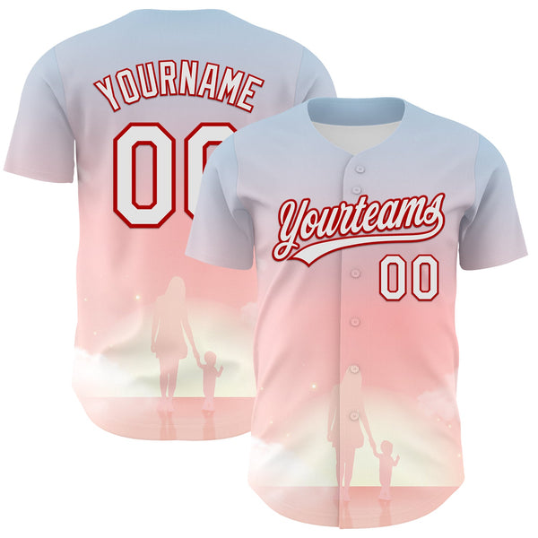 Custom Light Pink White-Red 3D Pattern Design Mother's Day Family Love Authentic Baseball Jersey