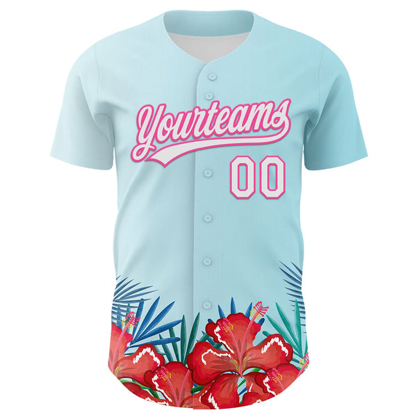 Custom Ice Blue White-Pink 3D Pattern Design Mother's Day Flower Authentic Baseball Jersey alternate