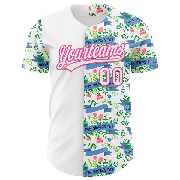 Custom White Pink 3D Pattern Design Mother's Day Flower Authentic Baseball Jersey alternate