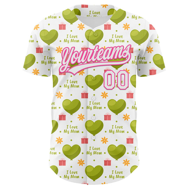 Custom White Pink 3D Pattern Design Mother's Day Love Authentic Baseball Jersey alternate