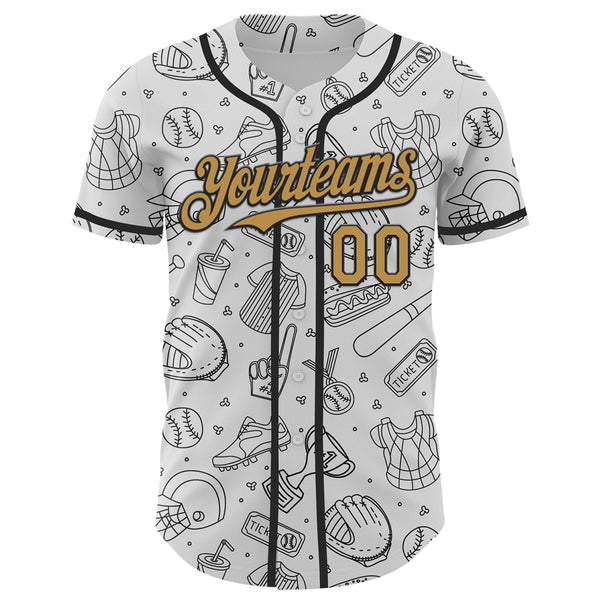 Custom White Old Gold-Black Comic Doodle Ballgame 3D Pattern Design Authentic Baseball Jersey alternate