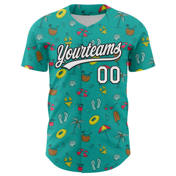 Custom Aqua White-Black 3D Hawaii Tropical Palm Tree And Beach Authentic Baseball Jersey alternate