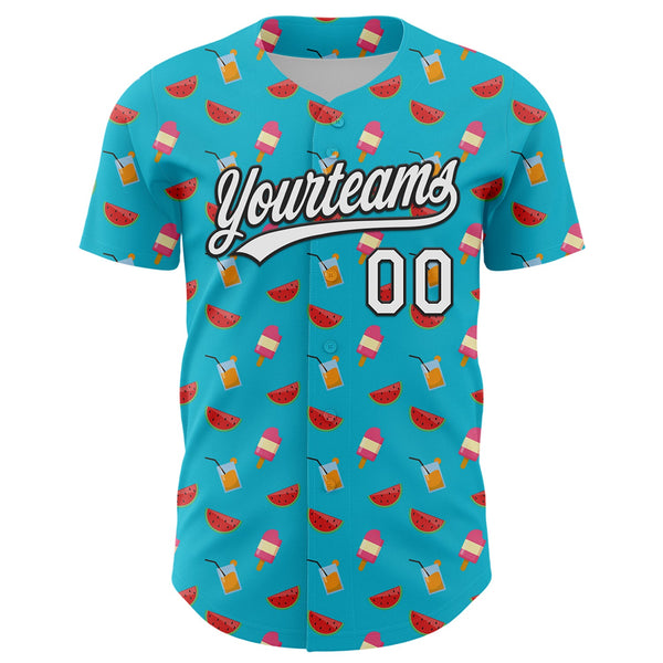 Custom Lakes Blue White-Black 3D Hawaii Fruit Watermelon And Ice Cream Authentic Baseball Jersey alternate