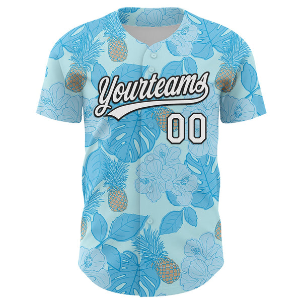 Custom Ice Blue White-Black 3D Hawaii Tropical Palm Leaves And Fruit Pineapple Authentic Baseball Jersey alternate