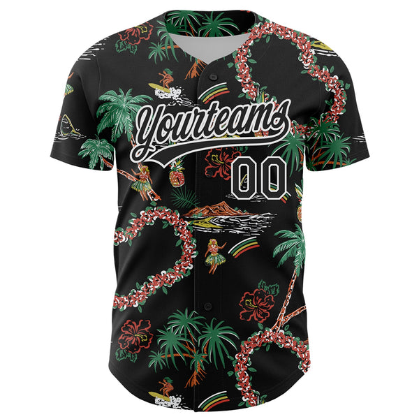 Custom Black White 3D Hawaii Island Tropical Palm Tree And Flower Authentic Baseball Jersey alternate