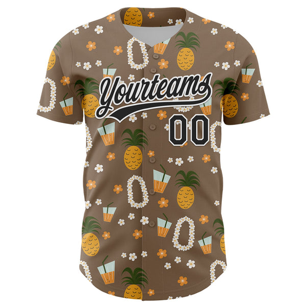 Custom Brown Black-White 3D Hawaii Flower And Fruit Pineapple Authentic Baseball Jersey alternate