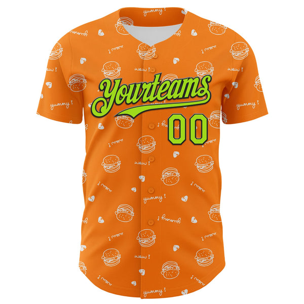 Custom Bay Orange Neon Green-Black 3D Pattern Design Foodie Fast Food Burger Authentic Baseball Jersey alternate