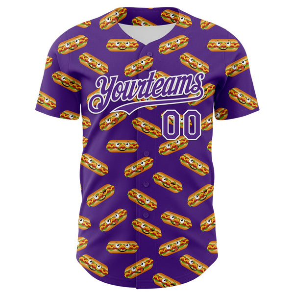 Custom Purple White 3D Pattern Design Foodie Fast Food Hot Dog Authentic Baseball Jersey alternate
