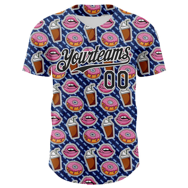Custom US Navy Blue Black-White 3D Pattern Design Foodie Food Dessert Milkshake Donut Authentic Baseball Jersey alternate