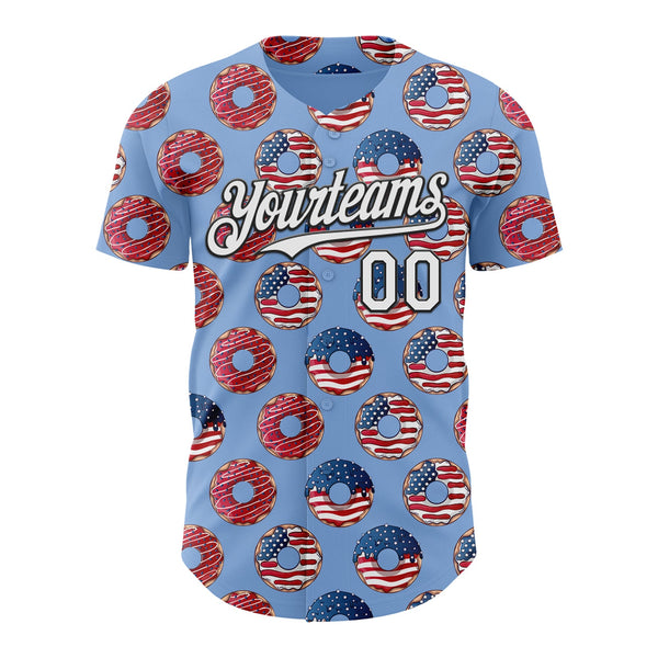 Custom Light Blue White-Black 3D Pattern Design USA Flag Foodie Food Dessert Donut Authentic Baseball Jersey alternate
