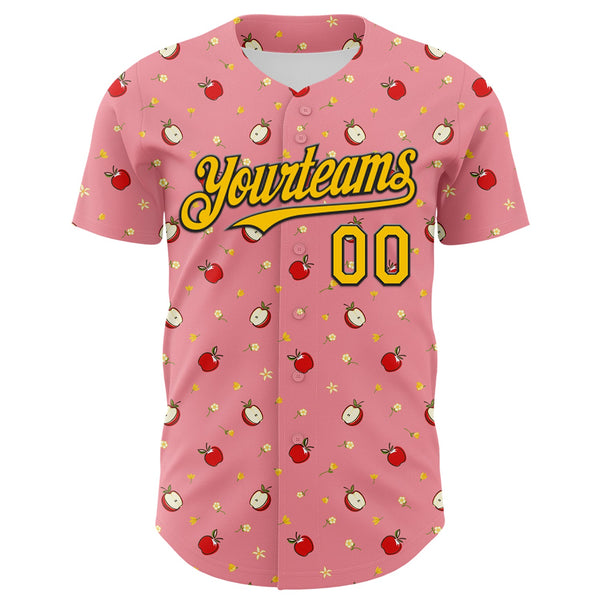Custom Medium Pink Yellow-Black 3D Pattern Design Foodie Food Fruit Apple Authentic Baseball Jersey alternate