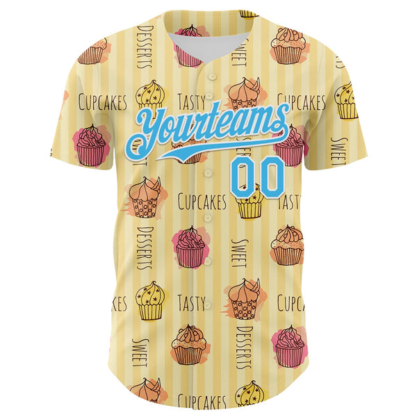 Custom Yellow Sky Blue-White 3D Pattern Design Foodie Food Dessert Cupcake Authentic Baseball Jersey alternate