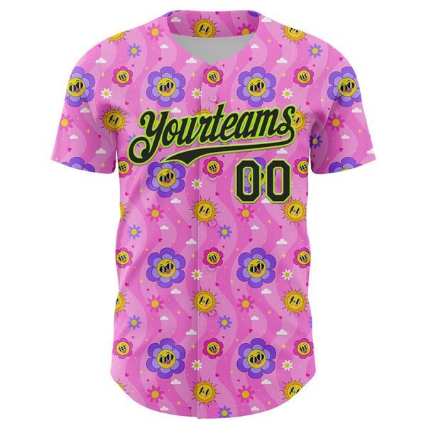 Custom Pink Black-Neon Green 3D Pattern Design Funny Cartoon Flower And Sun Authentic Baseball Jersey alternate
