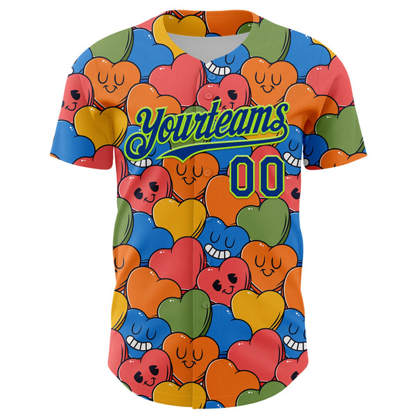 Custom White Royal-Neon Green 3D Pattern Design Funny Cartoon Heart Authentic Baseball Jersey alternate