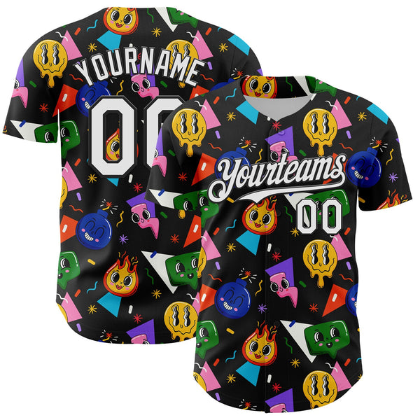 Custom Black White 3D Pattern Design Funny Cartoon Emoji Face Authentic Baseball Jersey