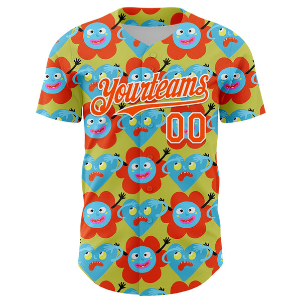 Custom Neon Yellow Orange-White 3D Pattern Design Funny Cartoon Flower And Heart Authentic Baseball Jersey alternate