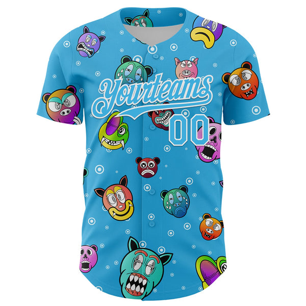 Custom Sky Blue White 3D Pattern Design Funny Cartoon Animal Authentic Baseball Jersey alternate