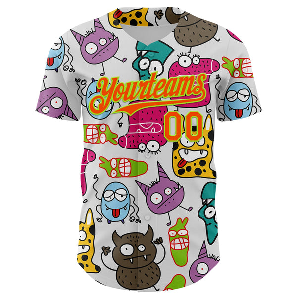 Custom White Orange-Neon Green 3D Pattern Design Funny Cartoon Monster Authentic Baseball Jersey alternate