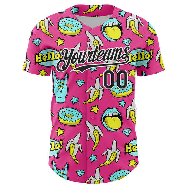 Custom Pink Black-White 3D Pattern Design Funny Cartoon Food Donut And Fruit Banana Authentic Baseball Jersey alternate