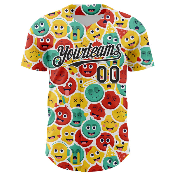 Custom White Black 3D Pattern Design Funny Cartoon Emoji Face Authentic Baseball Jersey alternate