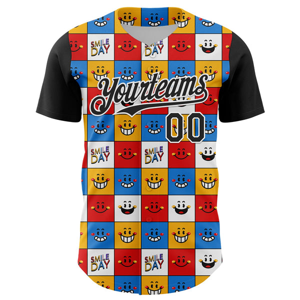 Custom White Black 3D Pattern Design Funny Cartoon Emoji Smile Face Authentic Baseball Jersey alternate