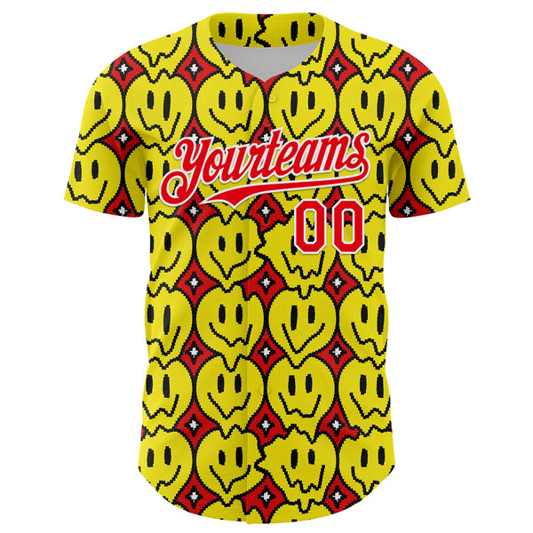 Custom Fire Red White 3D Pattern Design Funny Cartoon Emoji Smile Face Authentic Baseball Jersey alternate