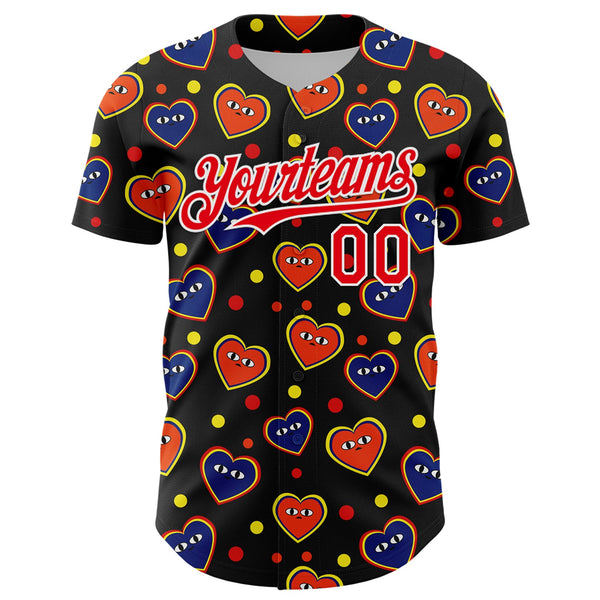 Custom Black Fire Red-White 3D Pattern Design Funny Cartoon Heart Authentic Baseball Jersey alternate