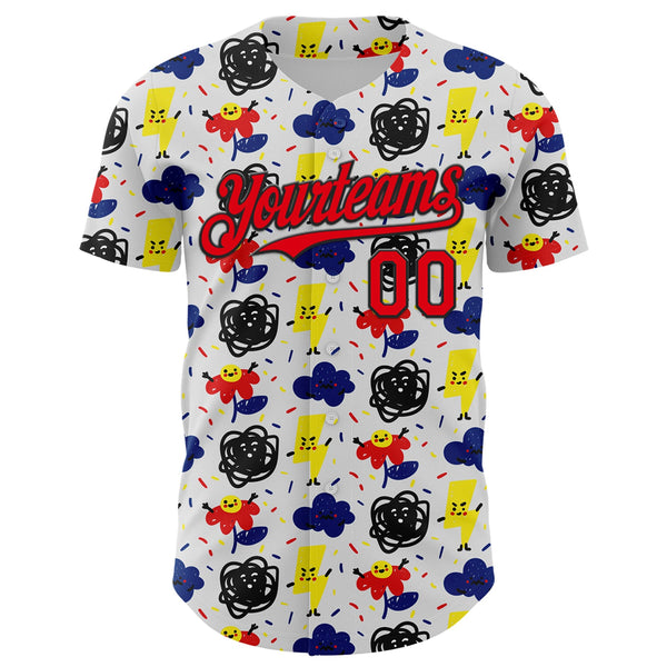 Custom White Fire Red-Black 3D Pattern Design Funny Cartoon Flower Cloud Lightning Authentic Baseball Jersey alternate