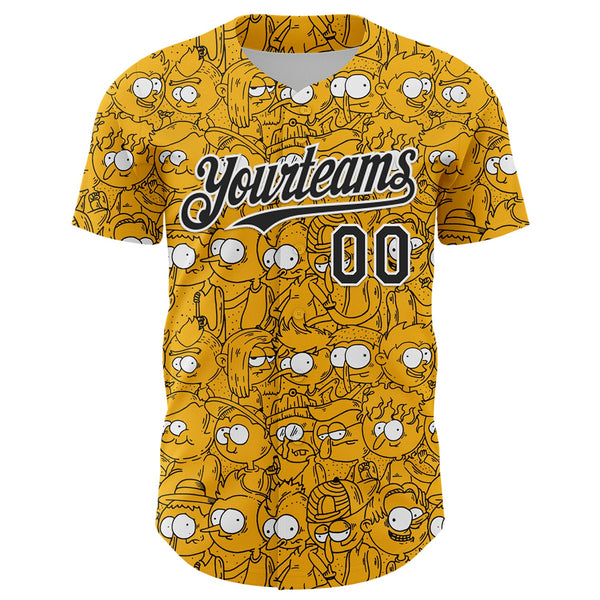 Custom Gold Black-White 3D Pattern Design Funny Cartoon People Authentic Baseball Jersey alternate