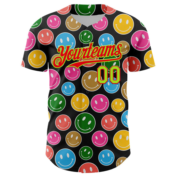 Custom Black Neon Green-Fire Red 3D Pattern Design Funny Cartoon Emoji Smile Face Authentic Baseball Jersey alternate
