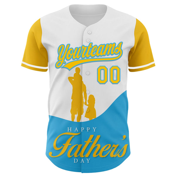 Custom White Yellow-Sky Blue 3D Pattern Design Father's Day Family Love Authentic Baseball Jersey alternate