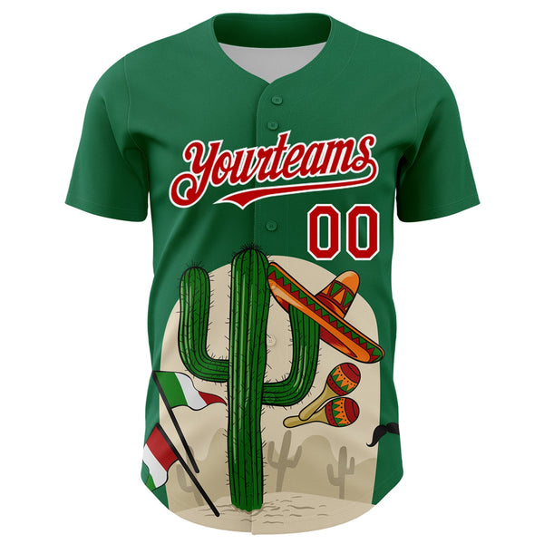 Custom Kelly Green Red-White 3D Mexican Festival Cactus Sombrero And Flag Cinco de Mayo Authentic Baseball Jersey alternate