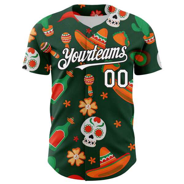 Custom Green White-Black 3D Mexican Festival Sombrero And Skull Cinco de Mayo Authentic Baseball Jersey alternate
